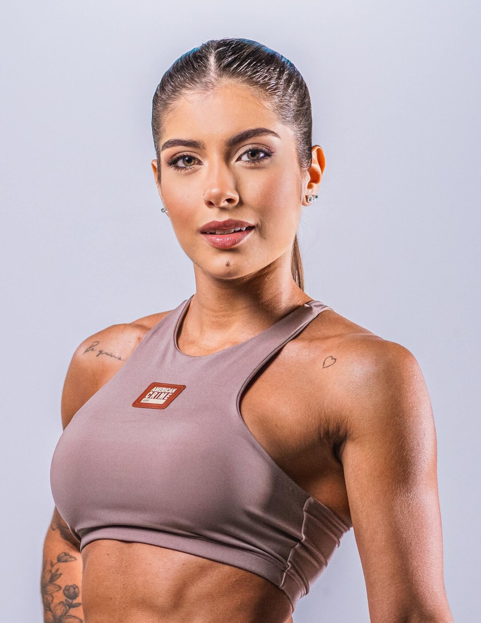 top cropped swimmer capuccino brown logo